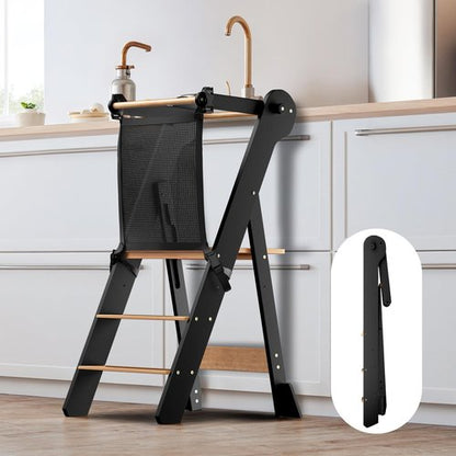 COSYLAND Foldable Toddler Standing Tower - Adjustable Height Folding Step Stool Kid Toddler Kitchen Stool for Learning and Cooking - Ages 18 Months to 6 Years with Safety Net Natural & Charcoal