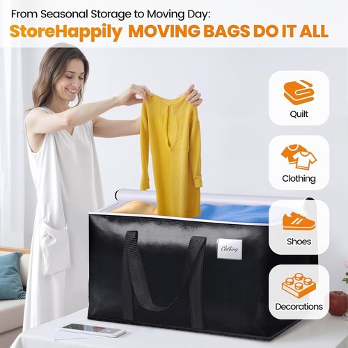 Heavy-Duty Moving Bags by [Brand Name] - Extra Capacity Storage Totes with Backpack Straps | 6 Pack, Black