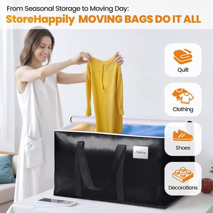 Heavy-Duty Moving Bags by [Brand Name] - Extra Capacity Storage Totes with Backpack Straps | 6 Pack, Black