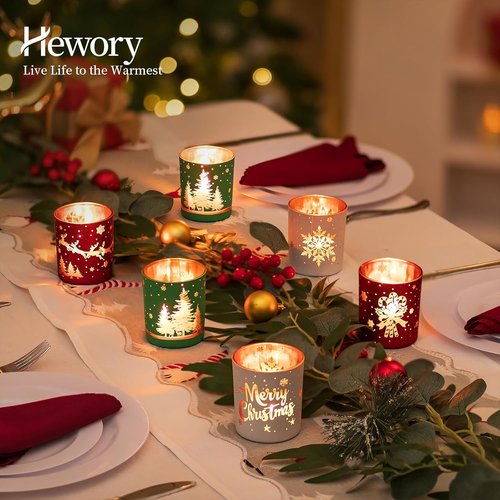 Hewory Christmas Votive Candle Holders - Set of 6 Cylinder Glass Tea Light Holders for Holiday Decor