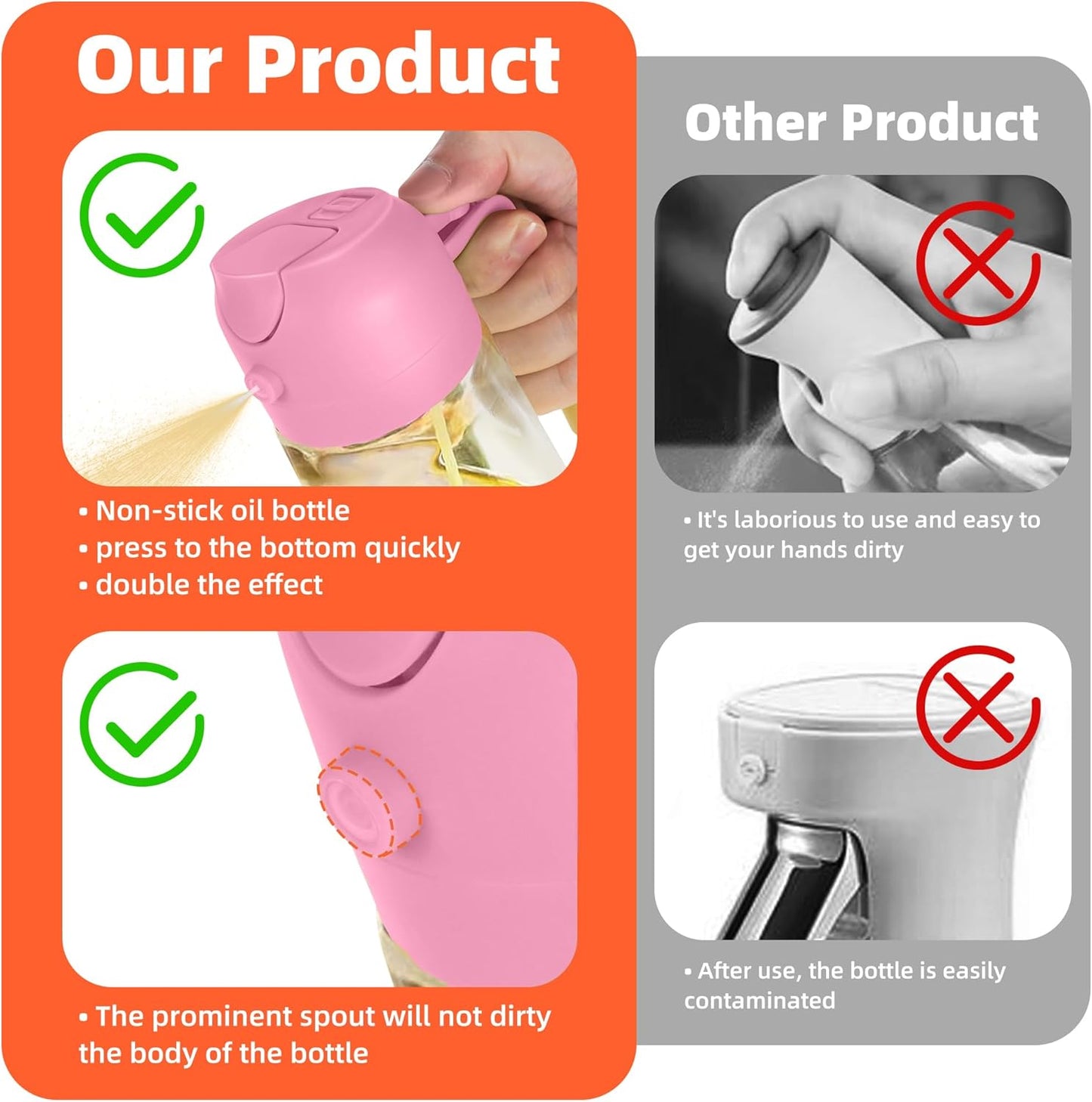 TrendPlain 16oz Glass Olive Oil Sprayer - 2-in-1 Dispenser for Cooking, Air Fryer & BBQ | Bubblegum Color