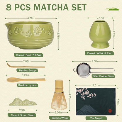 Skiennix Matcha Whisk Set - 8-Piece Ceramic Kit with Bowl, Chasen Holder, Scoop Rest & Sifter | Perfect Gift for Matcha Lovers