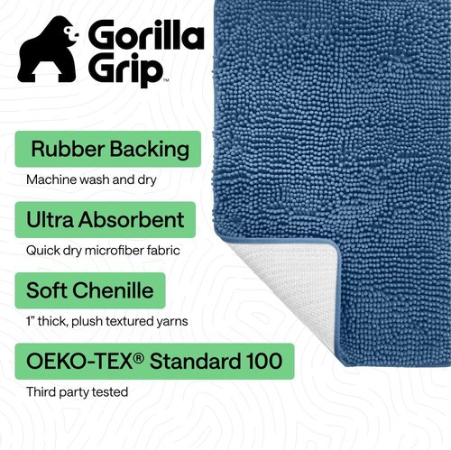 GORILLA GRIP Bath Rug Mat - Soft Absorbent Chenille | Quick-Dry Microfiber, 60x24, Blue