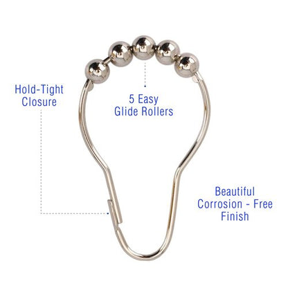 2lbDepot Shower Curtain Rings Hooks - Polished Nickel Finish - Premium 18/8 Stainless Steel - Locking Rings with Easy-Glide Rollers - Five Finishes Available - Set of 12 for Shower Rods