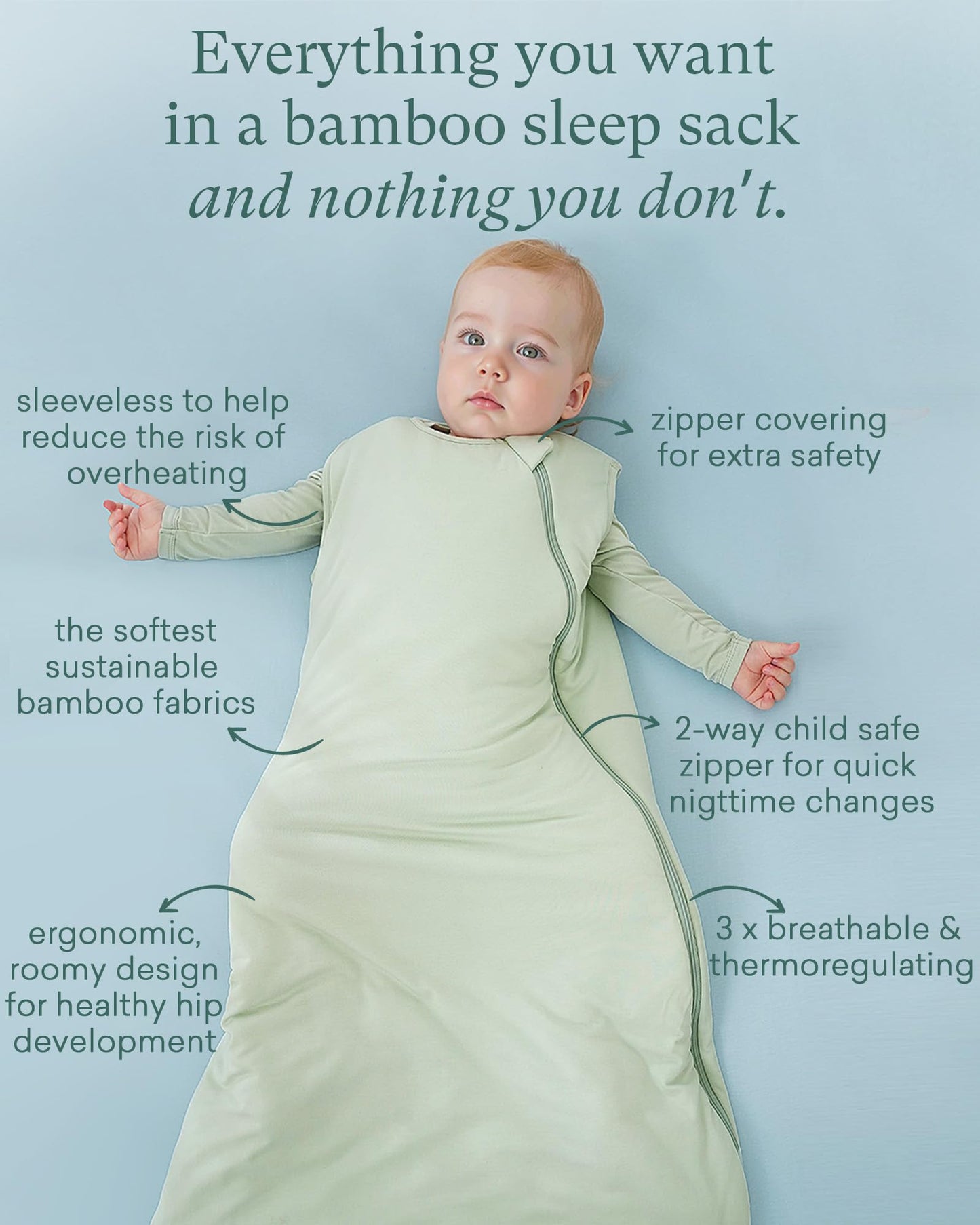 PurComfy Supersoft Sleep Sack 1.0 TOG, Premium Bamboo Viscose Baby Sleeping Bag, 2-Way Safe Zipper Sleep Sacks 6-15 Months (Sage)