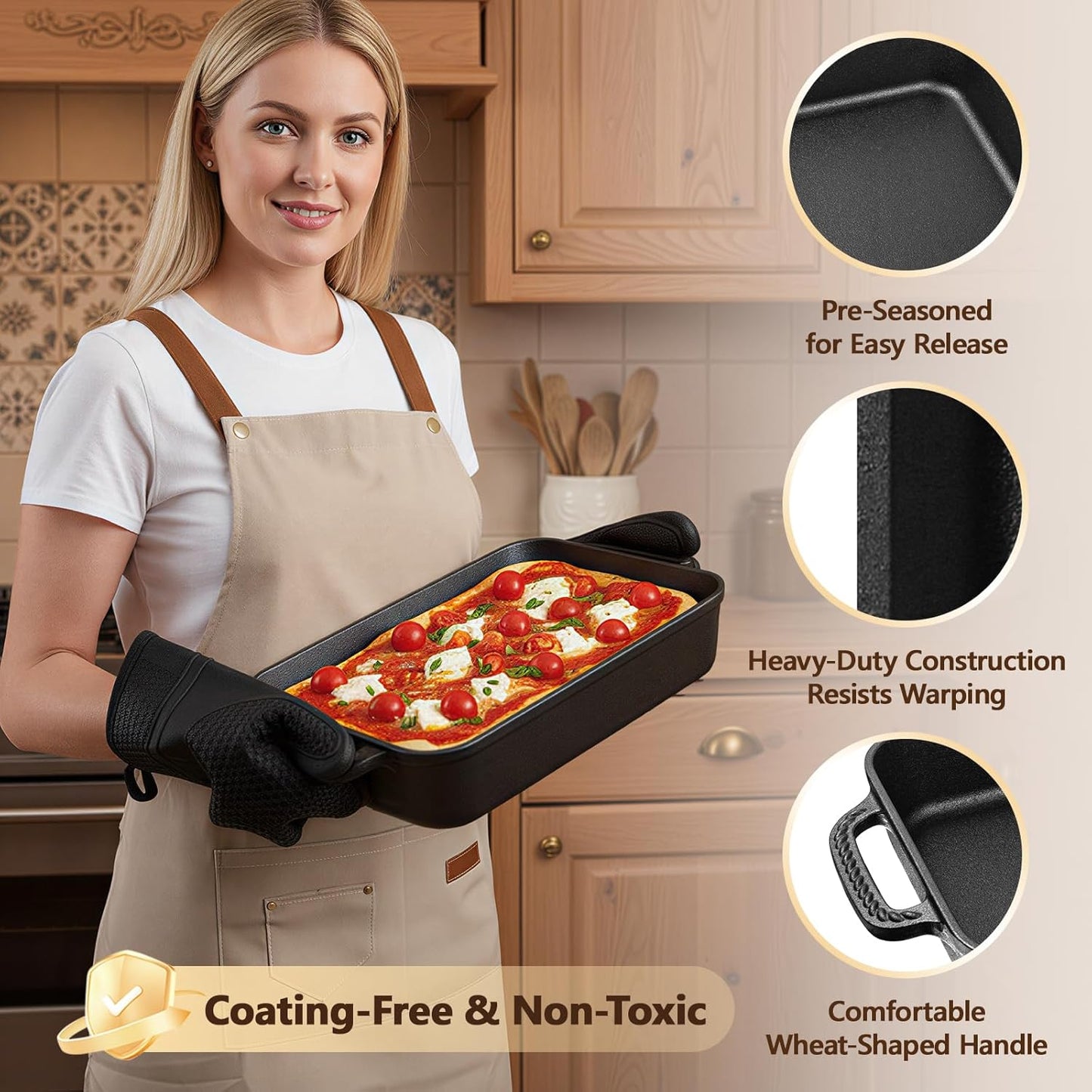 Cast Iron Detroit Pizza Pan - 9x13 Inch Pre-Seasoned Deep Dish for Casserole, Focaccia & Lasagna