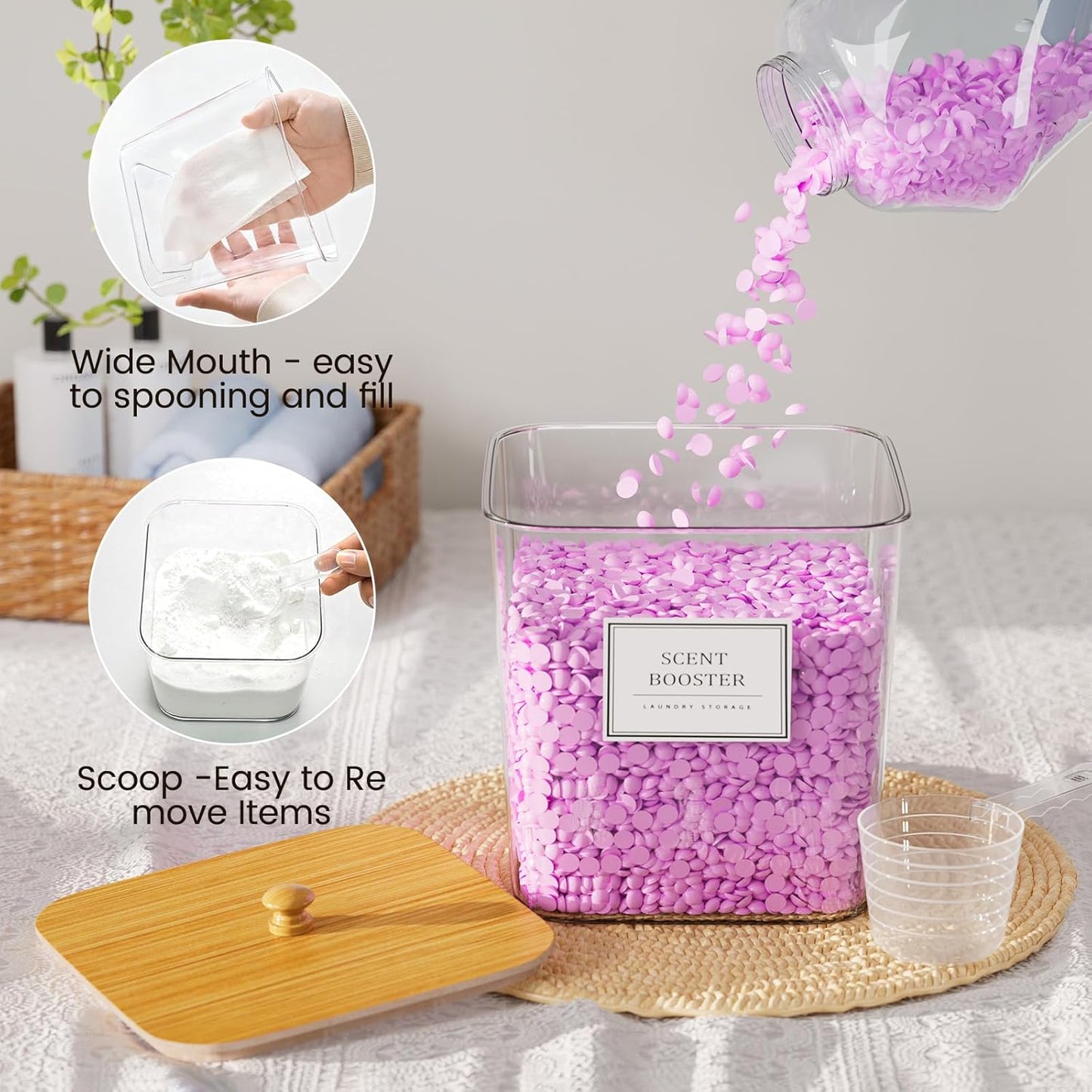 Skiennix Laundry Organization Containers - Clear Storage for Pods & Detergent | Large with Wooden Lids & Labels