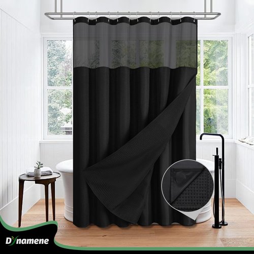 Dynamene Fabric Shower Curtain with Snap in Liner, Black Waffle Hotel Shower Curtains for Bathroom, Washable Waterproof Cloth Shower Curtain Liner Set with Plastic Hooks, Mesh Top Window, 72x72