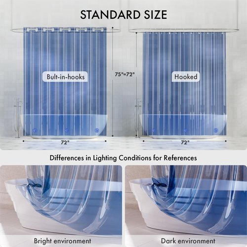 AmazerBath No Hook Shower Curtain and Liner 3-in-1, Luxury Heavy Duty Clear Blue No Hook Shower Liner, 72x75 100% EVA Hookless Shower Curtain with 3 Heavyweight Stones