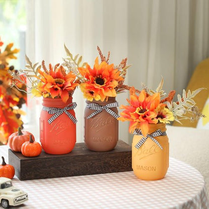 Fall Mason Jar Centerpiece | Set of 3 Decorative Jars with Artificial Flowers for Thanksgiving