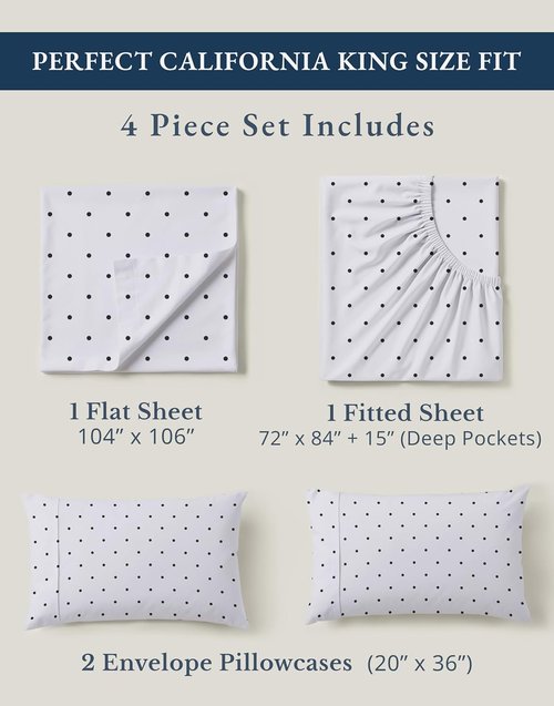LANE LINEN California King Sheets Set - 100% Organic Cotton, Naturally Cooling, Deep Pocket, Polka Dot Design