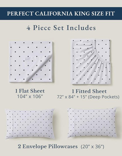 LANE LINEN California King Sheets Set - 100% Organic Cotton, Naturally Cooling, Deep Pocket, Polka Dot Design