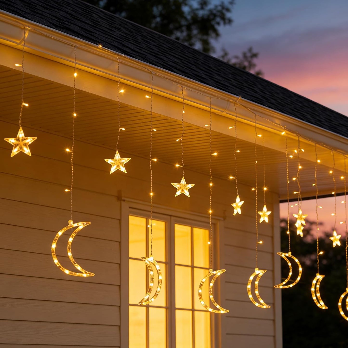 TW SHINE Star & Moon Curtain String Lights - 138 LED, 8 Modes, Waterproof, 8.2 FT for Ramadan Decor