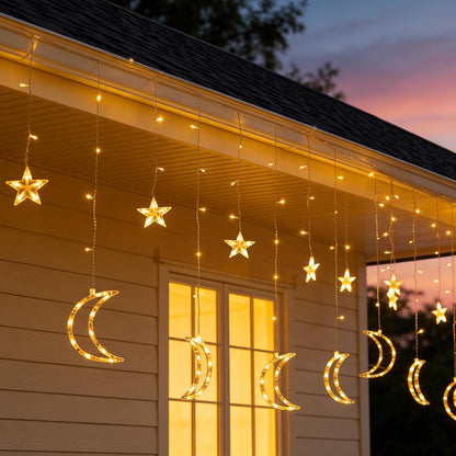 TW SHINE Star & Moon Curtain String Lights - 138 LED, 8 Modes, Waterproof, 8.2 FT for Ramadan Decor
