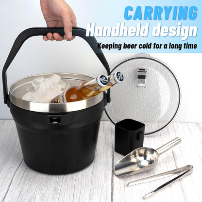 7.5L Insulated Ice Bucket with Lid, Scoop & Tongs, Large Stainless Steel Double-Wall Beverage Cooler, Holds 6 Beer Bottles or 3 Wine Bottles, Great for Parties, BBQ, Bar, Outdoor Events/256oz