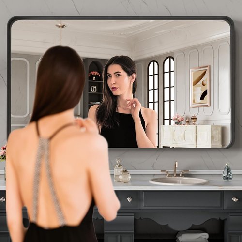 LOAAO Black Metal Framed Bathroom Mirror - 48x28 Inch Matte Black Vanity Mirror, Anti-Rust, Tempered Glass