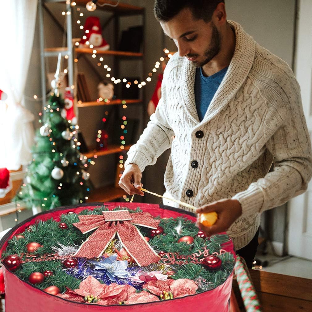 Propik Christmas Wreath Storage Bag - Tear-Resistant Holiday Container with Clear Window | 36" X 36" X 8" (Red)