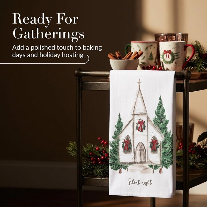 Christian Christmas Kitchen Hand Towel 26x16in Cotton Poplin Snow Church Decor