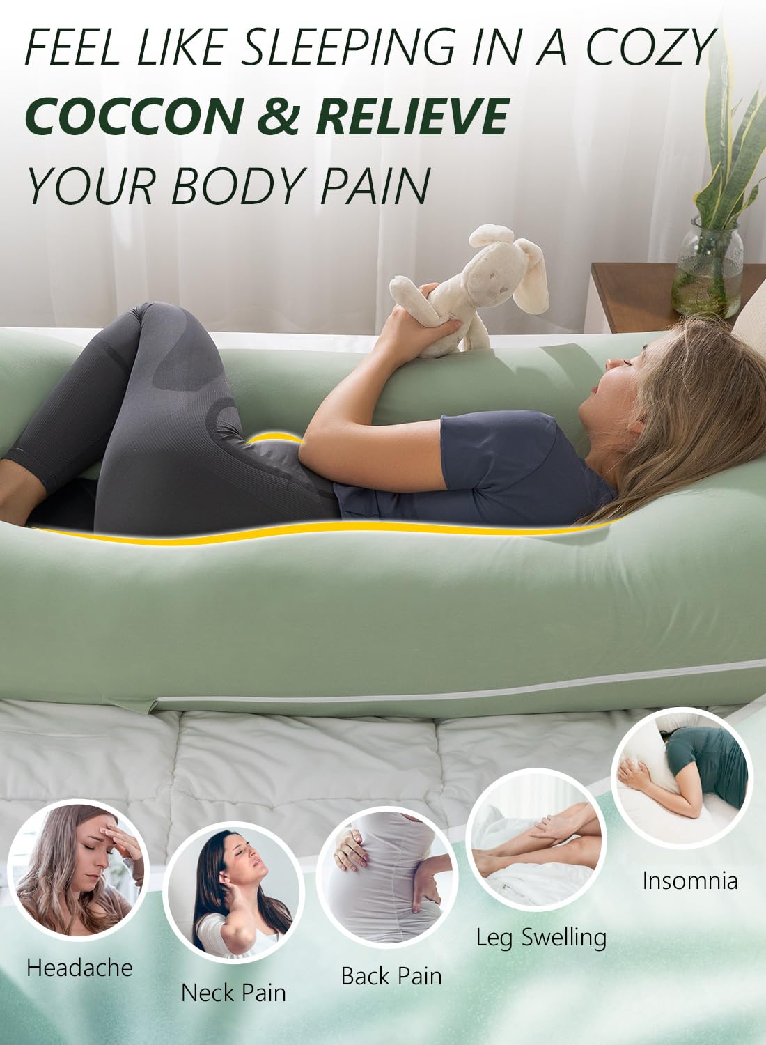 Meiz U-Shaped Pregnancy Pillow - Cooling Maternity Body Pillow for Comfort | 55 Inch Sage Green Rayon Cover