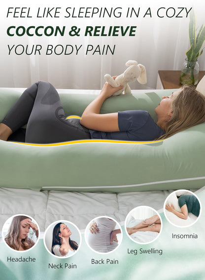Meiz U-Shaped Pregnancy Pillow - Cooling Maternity Body Pillow for Comfort | 55 Inch Sage Green Rayon Cover