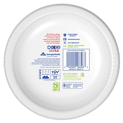 Dixie Ultra, Large Paper Bowls, 20 Oz, 25 Count, Microwave Safe, Compostable, Disposable Bowls Great For Breakfast, Lunch, And Dinner Meals