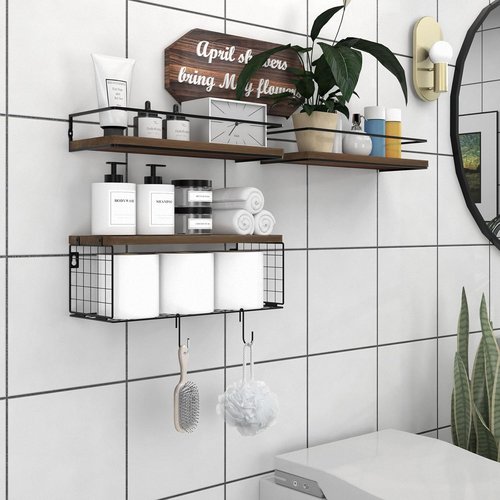 3+3 Bathroom Shelves - Wall Mounted Over Toilet with Storage Basket & Hooks | Brown Floating Shelves