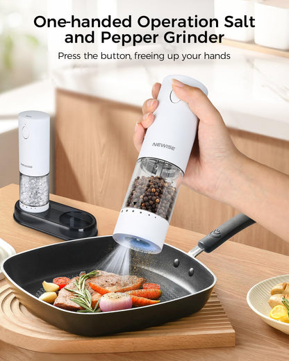Newise Electric Salt and Pepper Grinder Set Rechargeable with Light, Automatic & Adjustable Coarseness, Kitchen Gadgets, Housewarming Gifts for New Home, 2 Pack, White