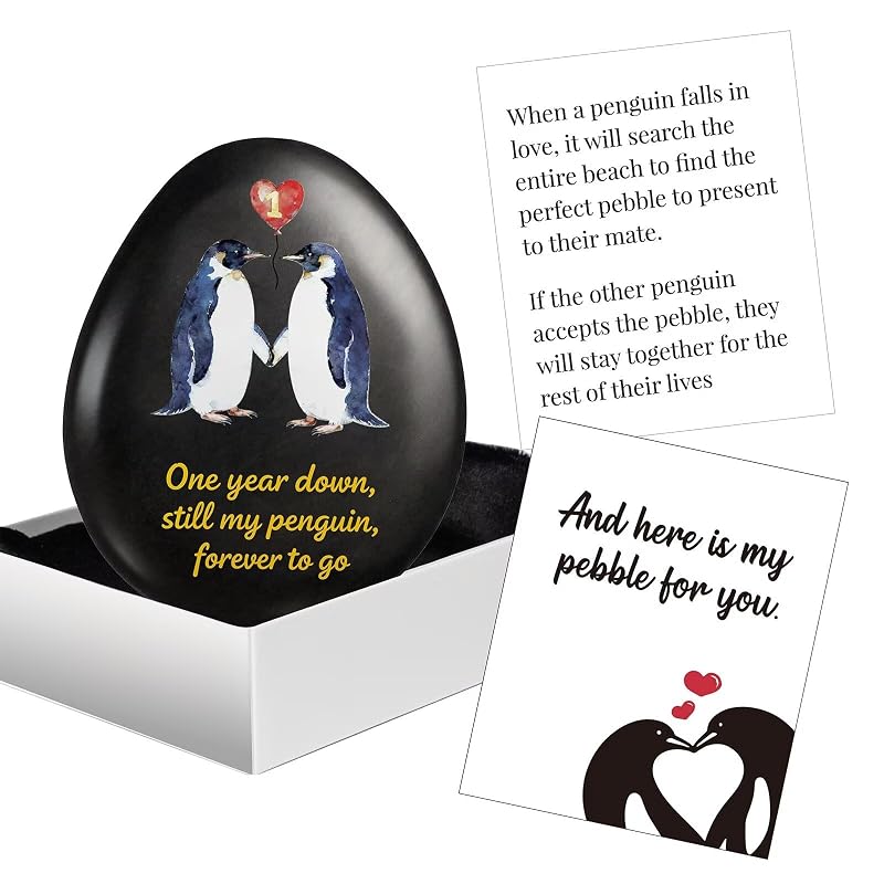 First Anniversary Penguin Pebble Keepsake Gift for Men and Women - 1st Year Anniversary Card Included - Jubilora