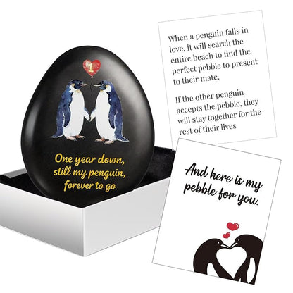 First Anniversary Penguin Pebble Keepsake Gift for Men and Women - 1st Year Anniversary Card Included - Jubilora