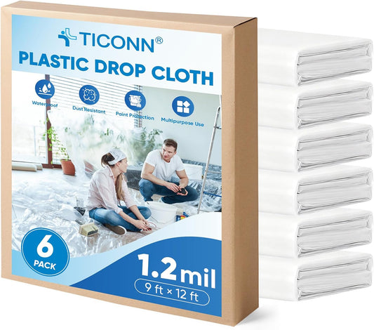TICONN 12 x 9 Ft Waterproof Plastic Drop Cloth - Heavy-Duty Painters Sheeting for Floor & Furniture Protection (6PK, 1.2Mil)