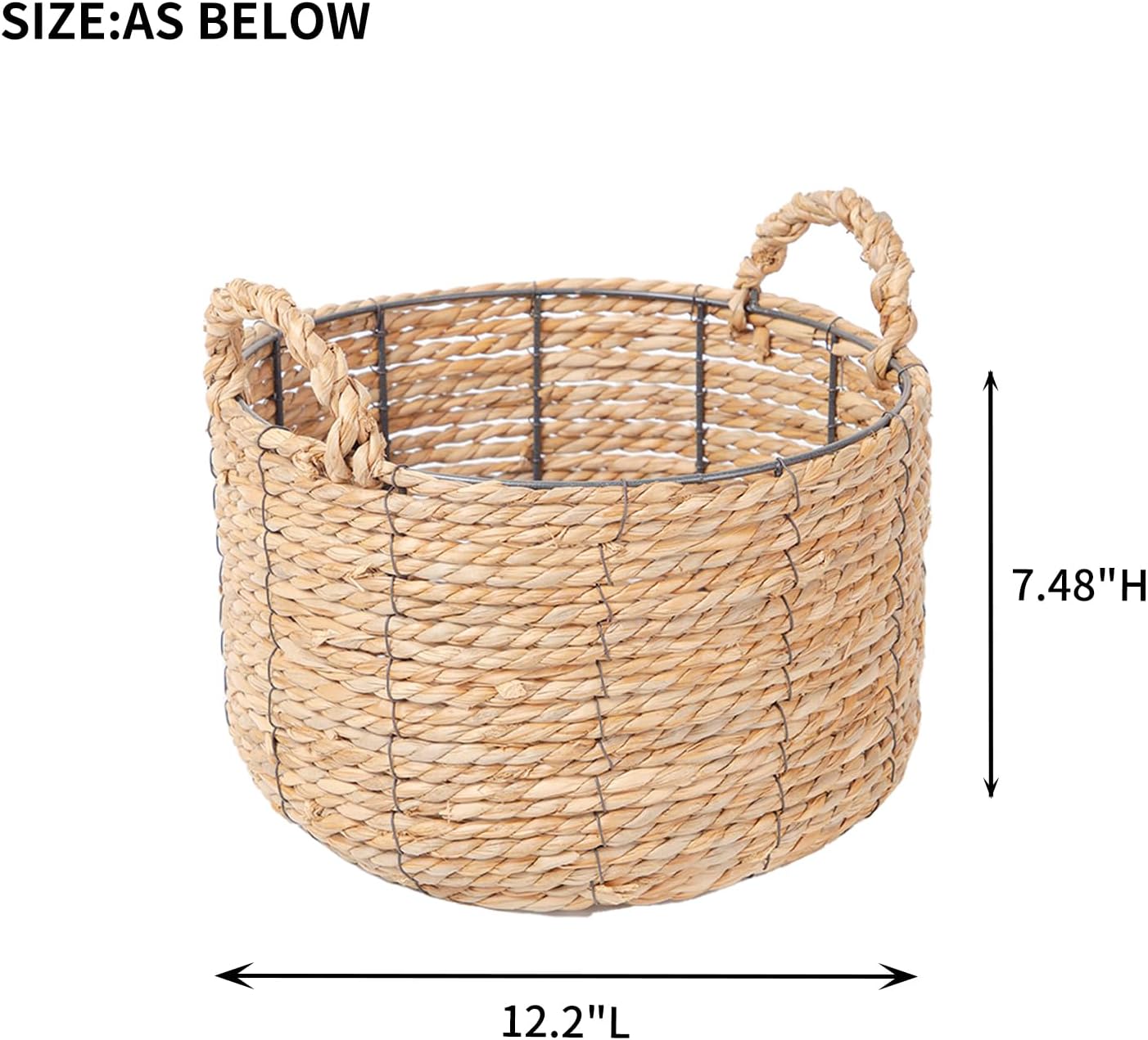 Round Wicker Storage Basket - Large Water Hyacinth Bin with Handles | 12'' x 7''