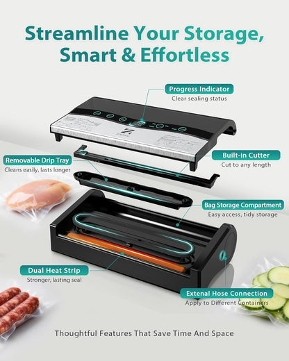 Skiennix Vacuum Sealer Machine - Automatic Food Sealer with Double Heat Seal, Black | Starter Kit Included