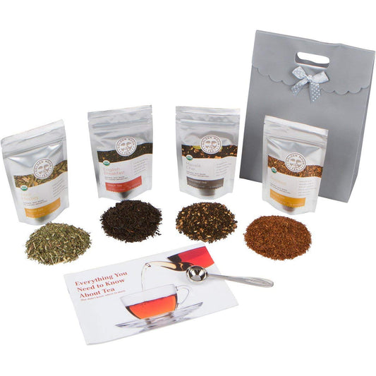 Golden Moon Tea - Tea Gift Set | 100% USDA Organic Loose Tea Sampler Set | Robust Smooth Taste, No Bitterness! 48 Servings in 4 Popular All Natural Flavors | Plus Free Perfect Portion Teaspoon