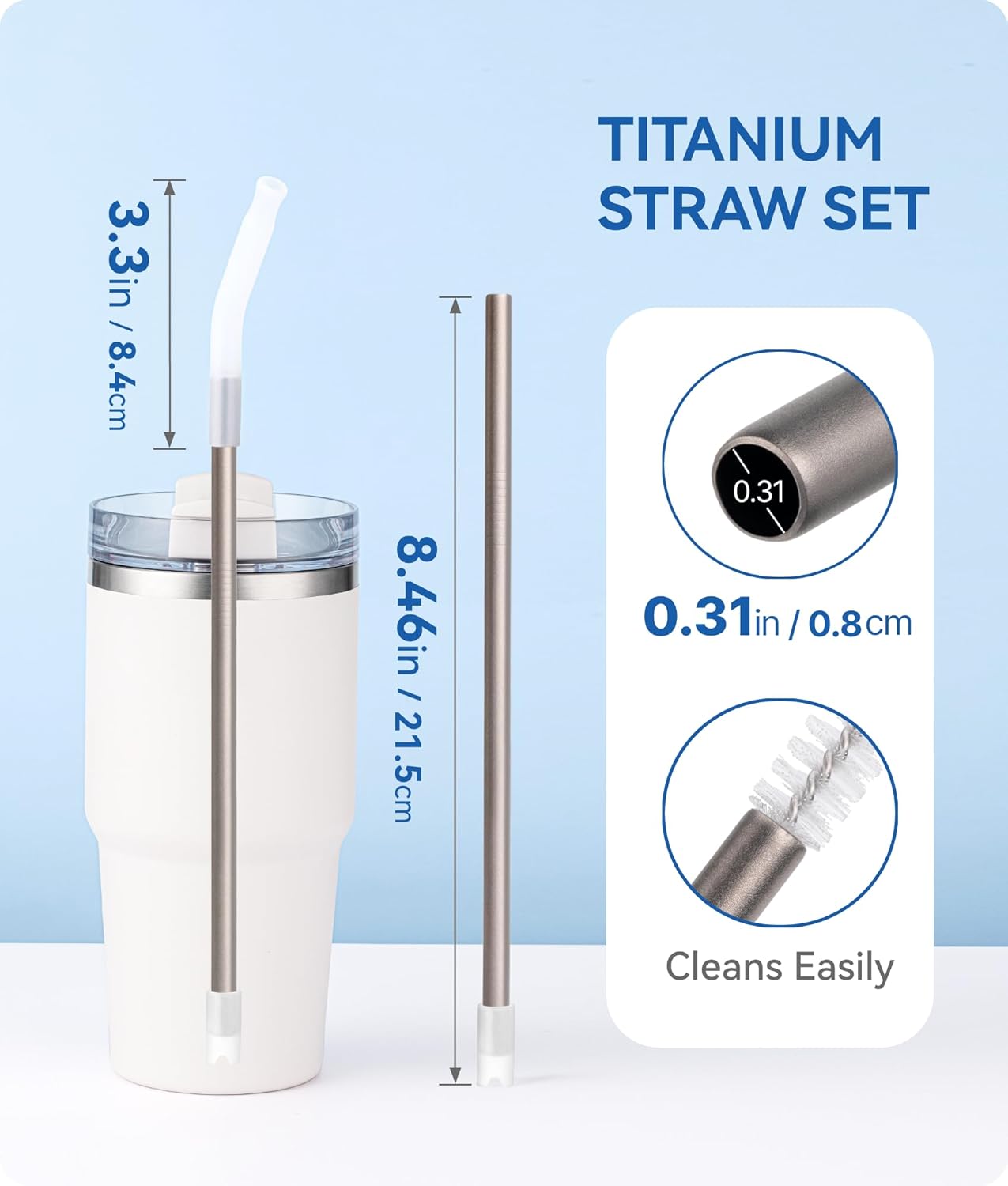 Titanium Straws by Heavy-Duty - Reusable 8.5" Metal Straws for 20 oz Tumblers | Eco-Friendly, BPA-Free with Cleaning Brush