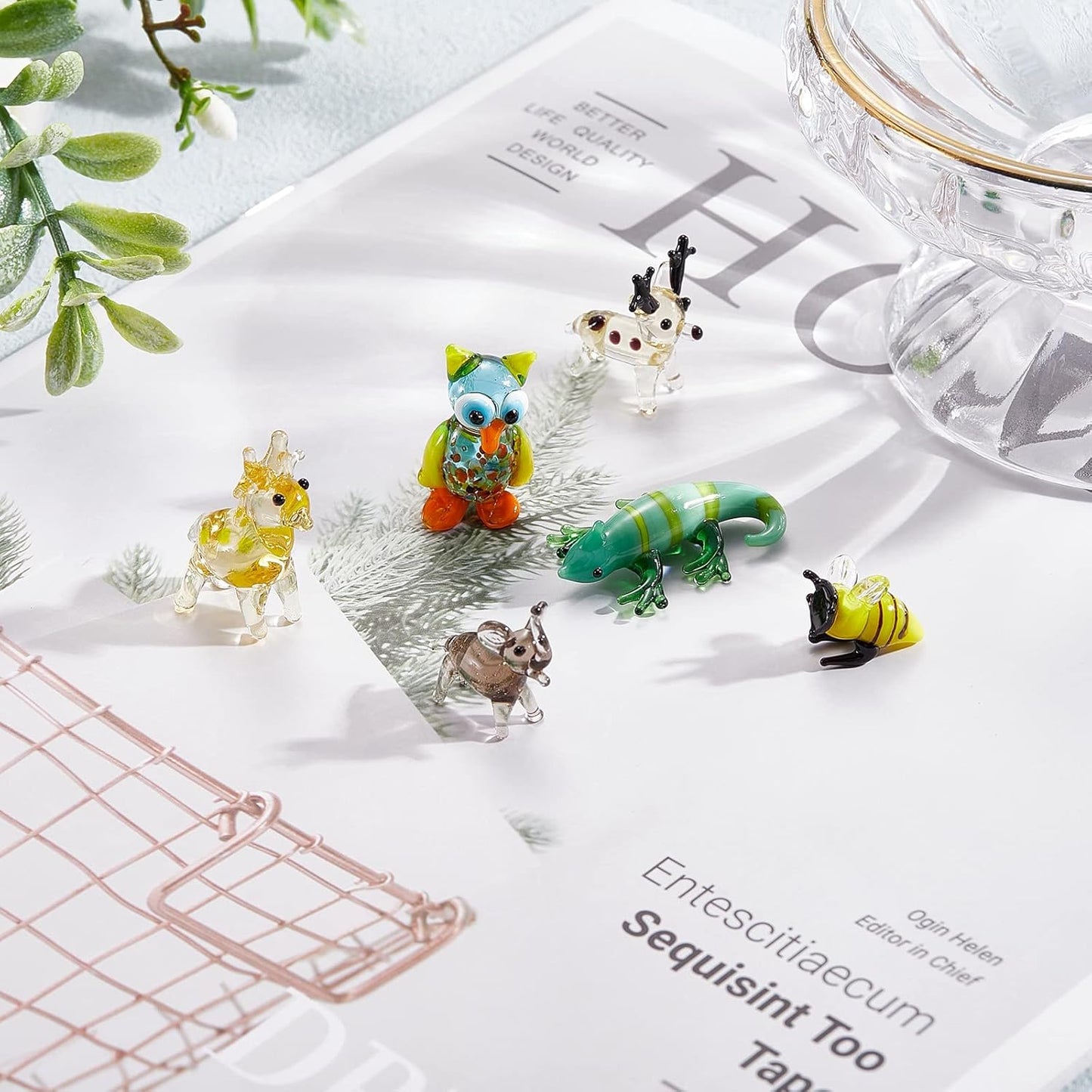 Skiennix 6Pcs Hand Blown Glass Figurines - Unique Christmas Reindeer, Birds, Giraffes & More for Home Decor & Gifts
