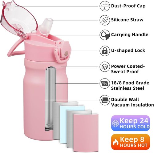 BJPKPK Stainless Steel Insulated Water Bottle - 14oz Reusable Thermal Flask with Straw Lid | Light Pink