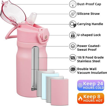 BJPKPK Stainless Steel Insulated Water Bottle - 14oz Reusable Thermal Flask with Straw Lid | Light Pink