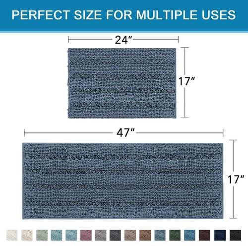 H.VERSAILTEX Bathroom Rug Sets 2 Piece Bath Mats Non Slip Thick Soft Chenille Striped Bath Rug achine Washable Shower Floor Rugs for Tub, Shower and Floor (Blue Indigo, 47" x 17"/17" x 24")