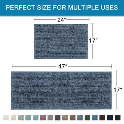 H.VERSAILTEX Bathroom Rug Sets 2 Piece Bath Mats Non Slip Thick Soft Chenille Striped Bath Rug achine Washable Shower Floor Rugs for Tub, Shower and Floor (Blue Indigo, 47" x 17"/17" x 24")