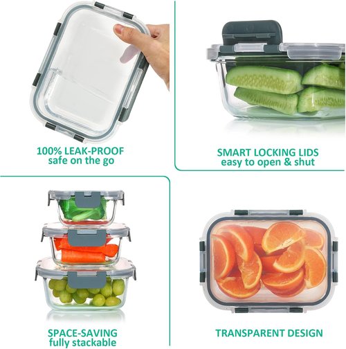 KOMUEE Glass Food Storage Containers Set - 24 Stackable Airtight Meal Prep Containers | Microwave & Oven Safe, Gray
