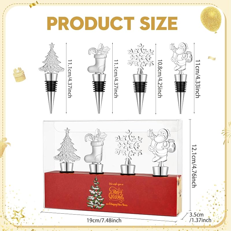4 Pack Christmas Bottle Stoppers - Santa, Snowflake, Stocking & Tree (Silver) - Gift Box Holiday Set
