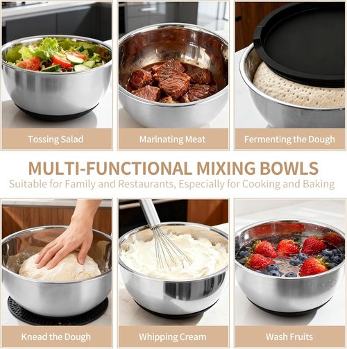 Deedro Premium Mixing Bowls Set - 22Pcs Thicker Stainless Steel with Airtight Lids | Non-Slip Silicone Base, Black
