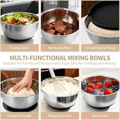Deedro Premium Mixing Bowls Set - 22Pcs Thicker Stainless Steel with Airtight Lids | Non-Slip Silicone Base, Black