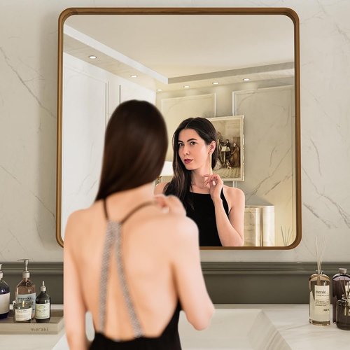 LOAAO Bathroom Mirror - 38x38 Inch Rounded Rectangle with Wood Grain Metal Frame | Anti-Rust, Versatile Hanging Options