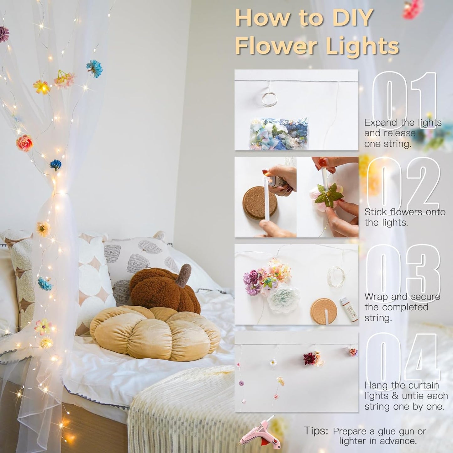 Suddus DIY Curtain Lights Kit - 200 LED Fairy String Lights with 3D Butterflies & Silk Flowers | Remote Control, 8 Modes, USB Powered, 6.5x6.5ft Warm White