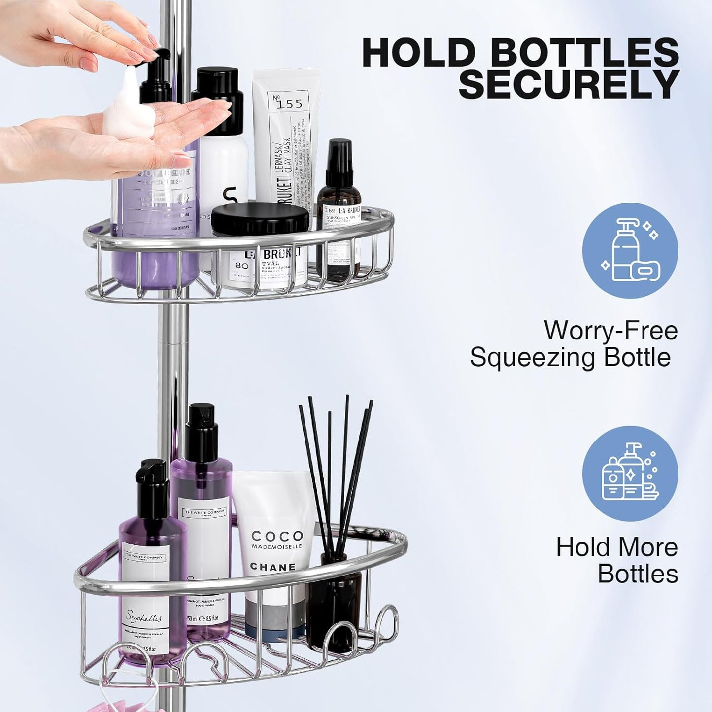 Stainless Steel Corner Shower Caddy by [Brand Name] - Rustproof 4-Tier Tension Pole Organizer | Adjustable 47-121 Inch for Bathtub & Shampoo Storage - Silver