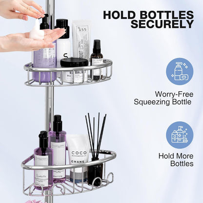 Stainless Steel Corner Shower Caddy by [Brand Name] - Rustproof 4-Tier Tension Pole Organizer | Adjustable 47-121 Inch for Bathtub & Shampoo Storage - Silver