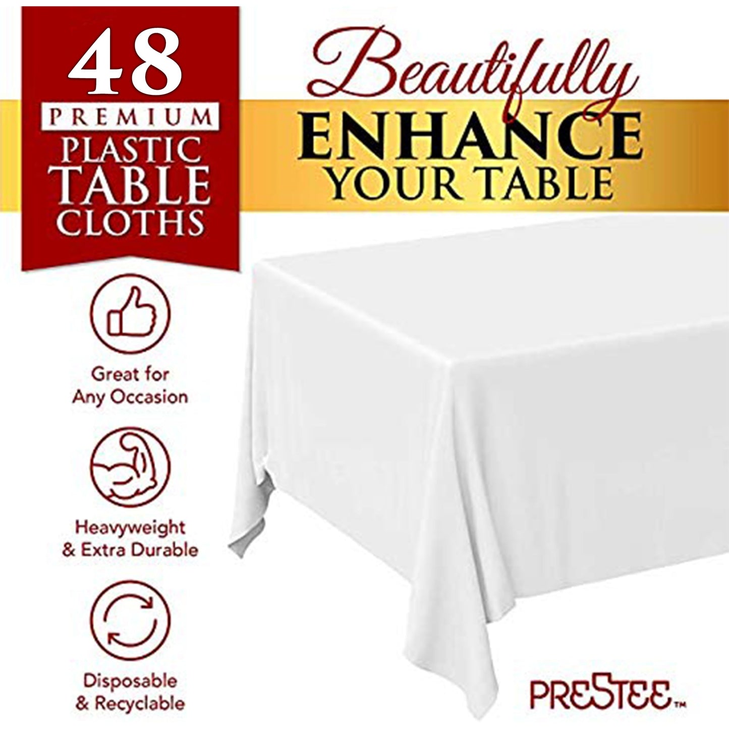 Prestee 48 White Plastic Tablecloth - 108 x 54 Plastic Table Cloths - Disposable Tablecloths, White Tablecloths, Plastic Table Cover, Disposable Tablecloths for Christmas Party, Fine Dining, Holiday