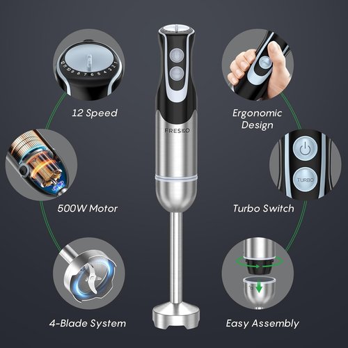 FRESKO Immersion Blender - 4-in-1 Handheld Electric Mixer with 12 Speeds & Turbo Mode | 500W Stainless Steel