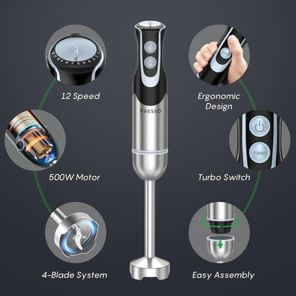 FRESKO Immersion Blender - 4-in-1 Handheld Electric Mixer with 12 Speeds & Turbo Mode | 500W Stainless Steel